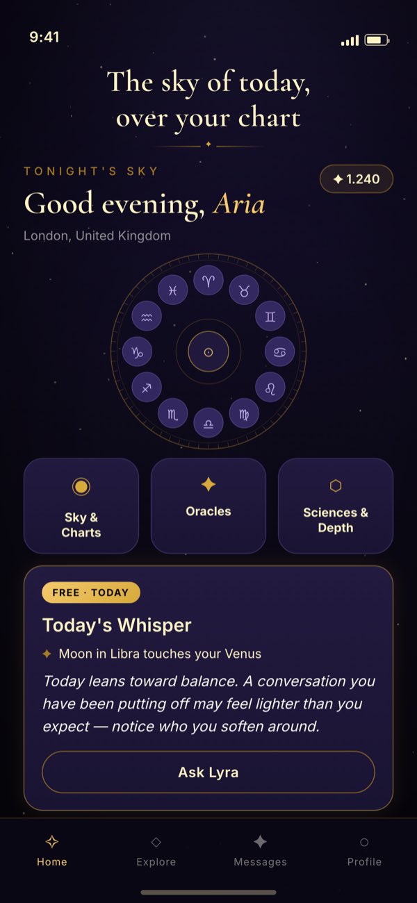 Astrype home screen on a phone: 'Tonight's sky', a greeting, a wheel of zodiac glyphs and a free daily card called Today's Whisper.