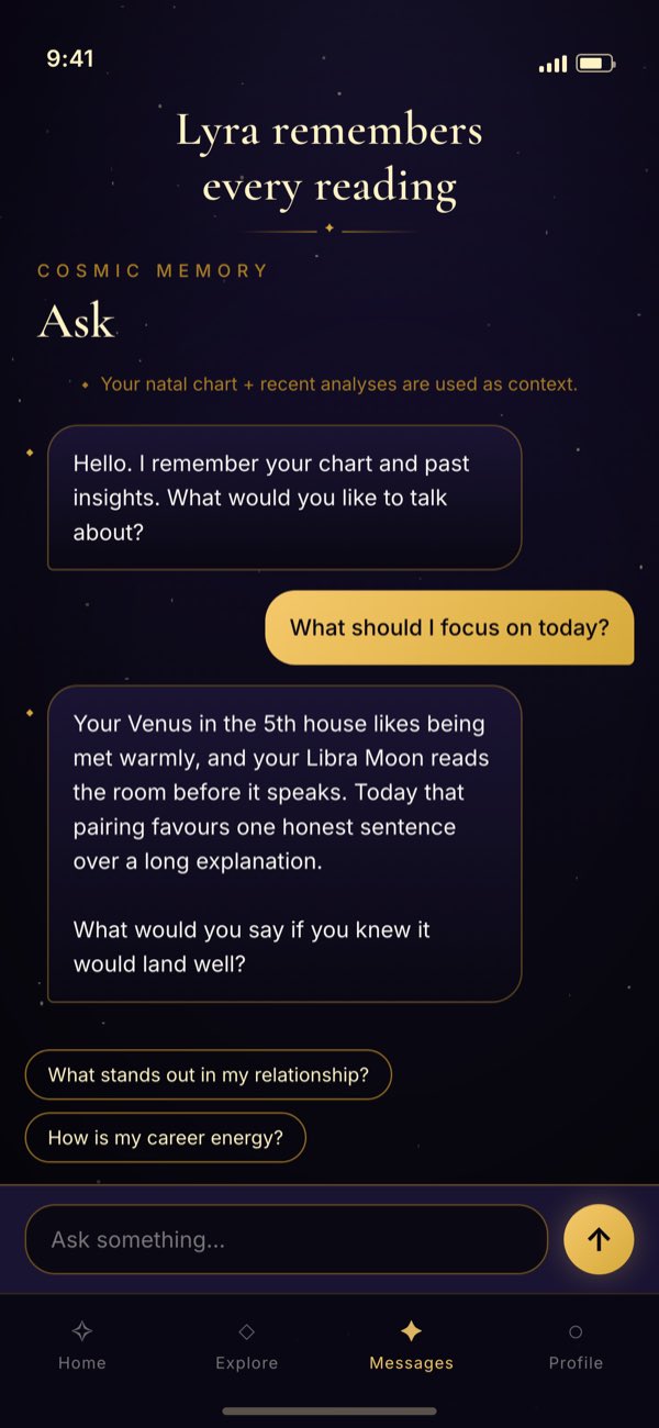 Astrype chat screen: Lyra explains that the chart and past readings are used as context, then answers a question about the day ahead.