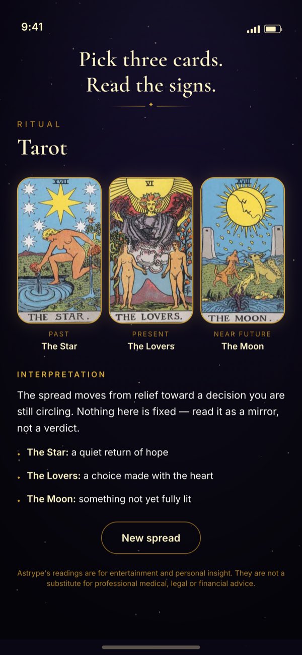 A three-card tarot spread — The Star, The Lovers, The Moon — with an interpretation underneath.