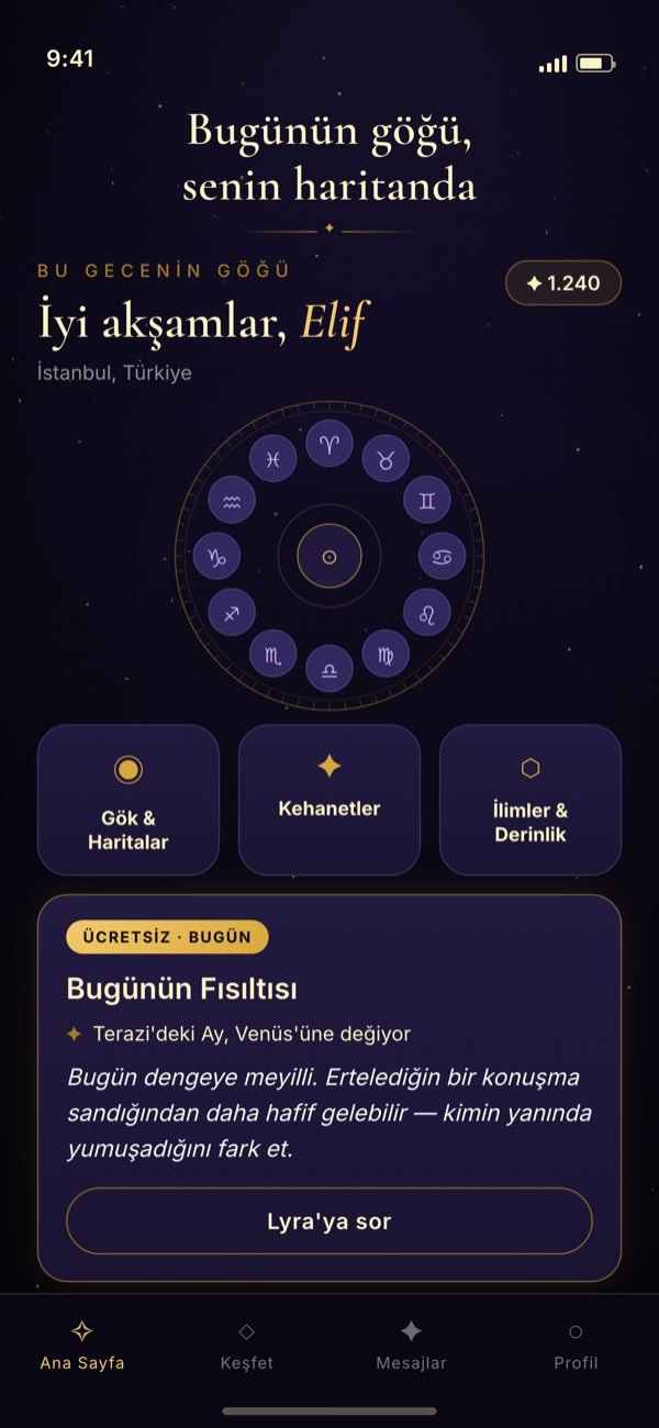 Telefonda Astrype ana ekranı: 'Bu gecenin göğü' başlığı, karşılama, burç sembollerinden oluşan çember ve ücretsiz günlük kart 'Bugünün Fısıltısı'.