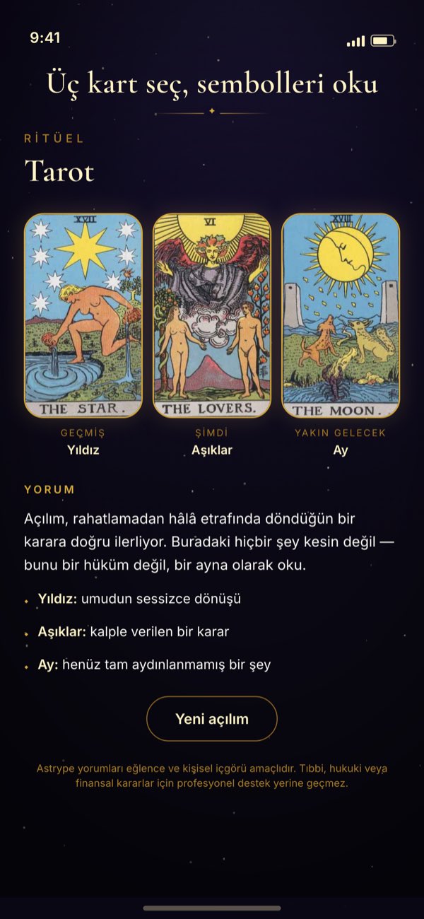 Üç kartlık tarot açılımı ve altında yorumu.