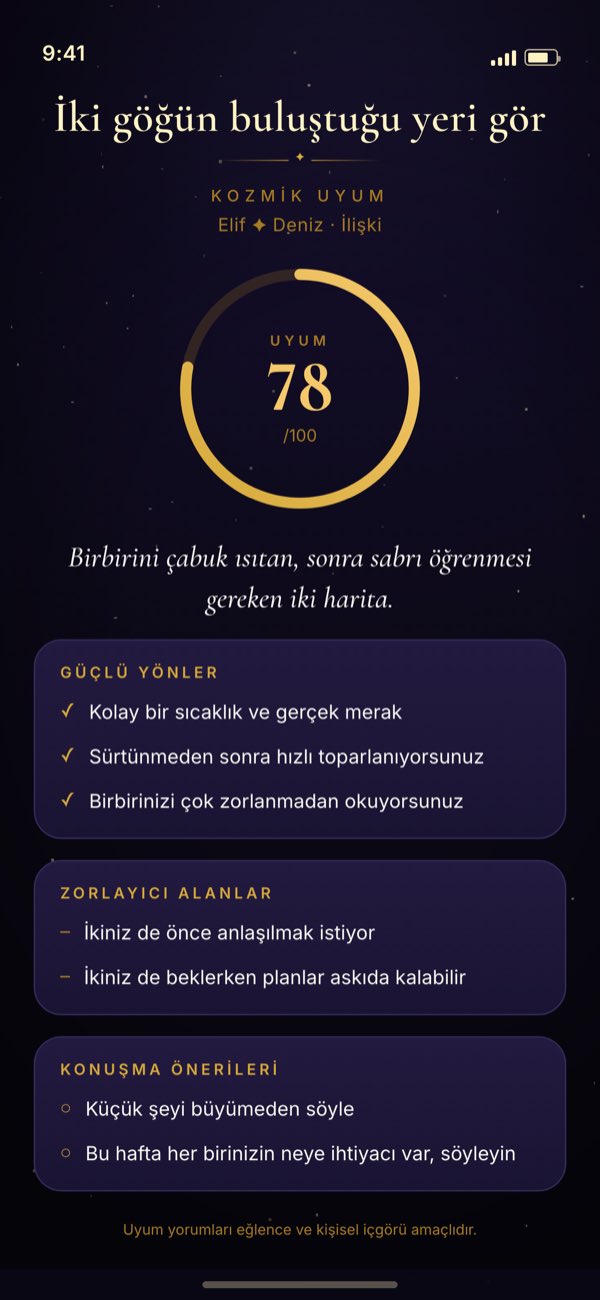 Uyum analizi: uyum puanı, güçlü yanlar, zorlayıcı alanlar ve konuşma önerileri.